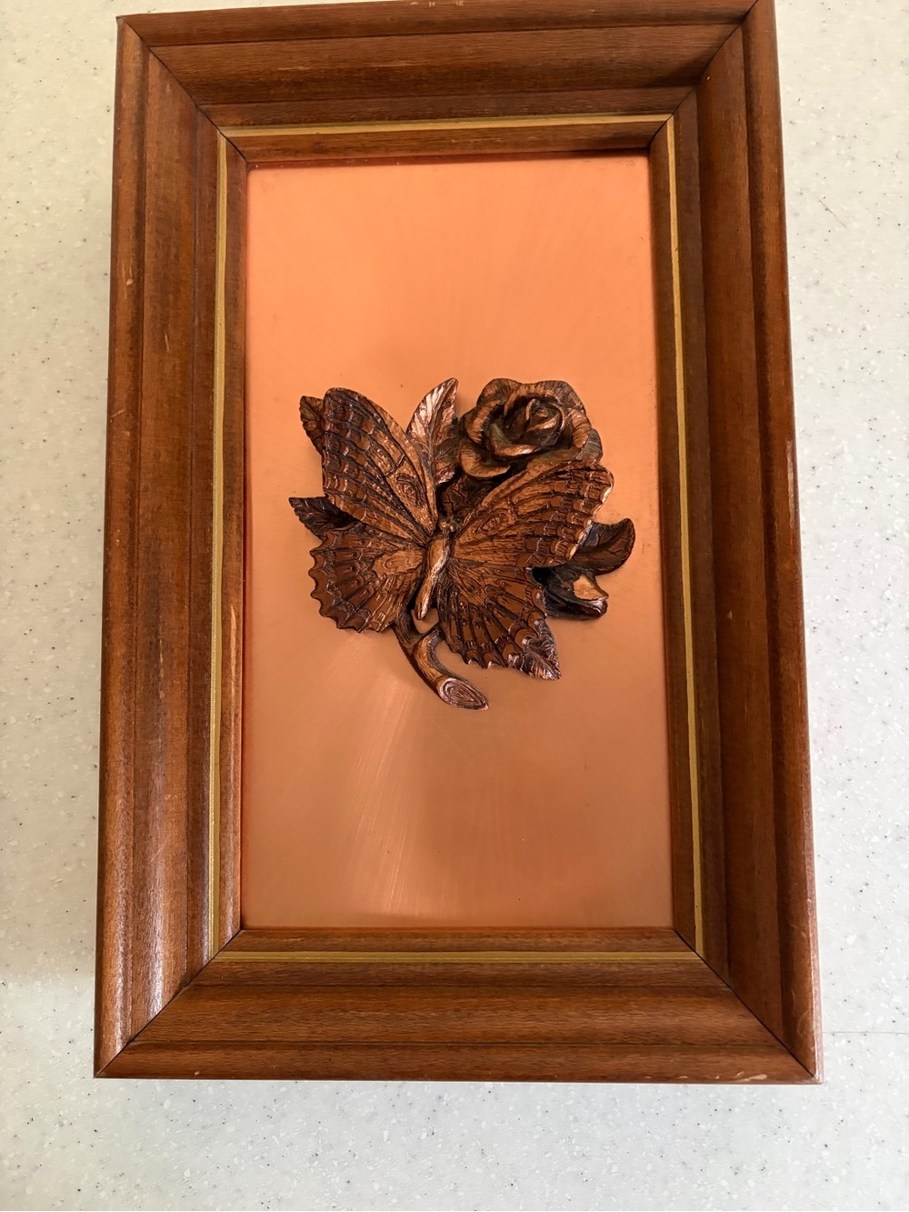 Vintage Mid Century Wood Framed Butterfly & Rose 3D Wall Art Copper Sculpture